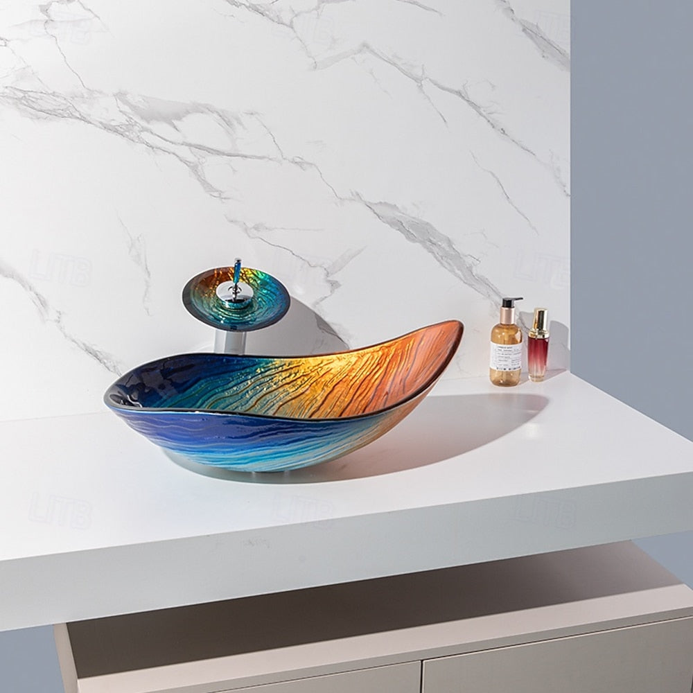 Modern Tempered Glass Vessel Sink, Single-Handle Chrome Waterfall Faucet Combo