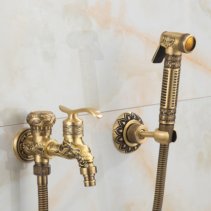 Antique Brass Wall-Mount Bidet Faucet, Handheld Toilet Sprayer Set