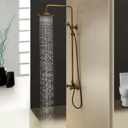 Antique Brass Rainfall Shower System, Wall-Mounted Exposed Pipe Faucet with Handheld Shower