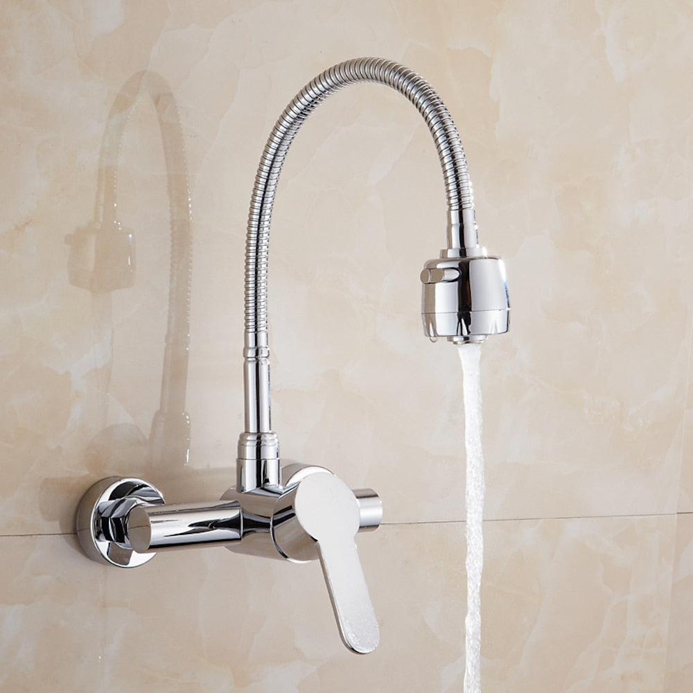 Flexible Spout Chrome Wall-Mount Kitchen Faucet, Modern Single-Handle Brass Faucet