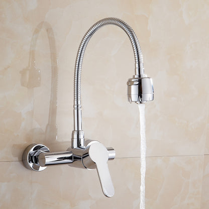 Flexible Spout Chrome Wall-Mount Kitchen Faucet, Modern Single-Handle Brass Faucet