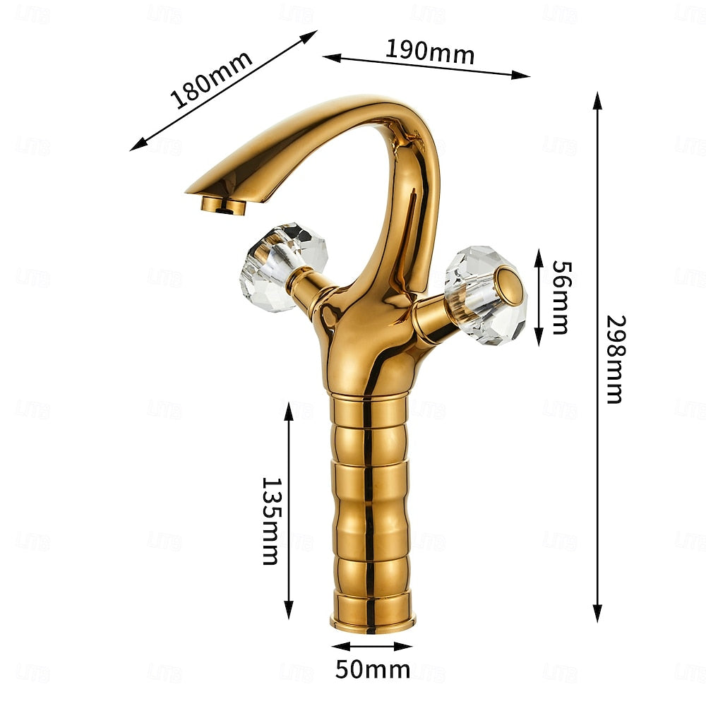 Polished Gold Single-Hole Bathroom Faucet, Dual-Handle High Arc Faucet with Crystal Knob Handles