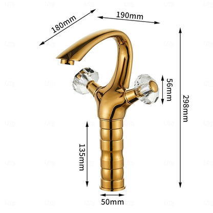 Polished Gold Single-Hole Bathroom Faucet, Dual-Handle High Arc Faucet with Crystal Knob Handles
