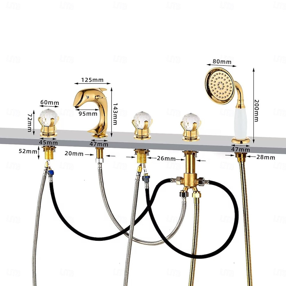 Polished Gold Dolphin Roman Tub Faucet, 5-Hole Deck-Mount Tub Filler with Handheld Shower / Crystal Knob Handles