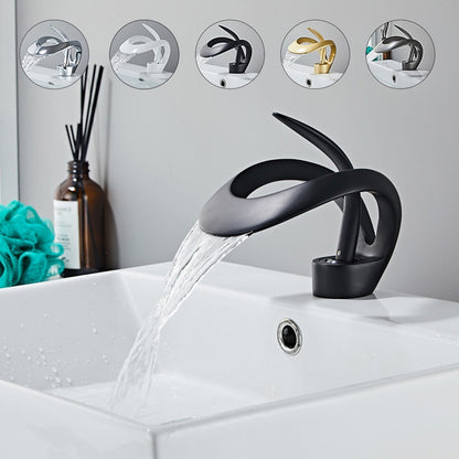 Waterfall Single-Hole Bathroom Faucet, Single-Handle Brass Vessel Sink Faucet, Matte Black / Chrome / Brushed Gold / Matte White / Gunmetal