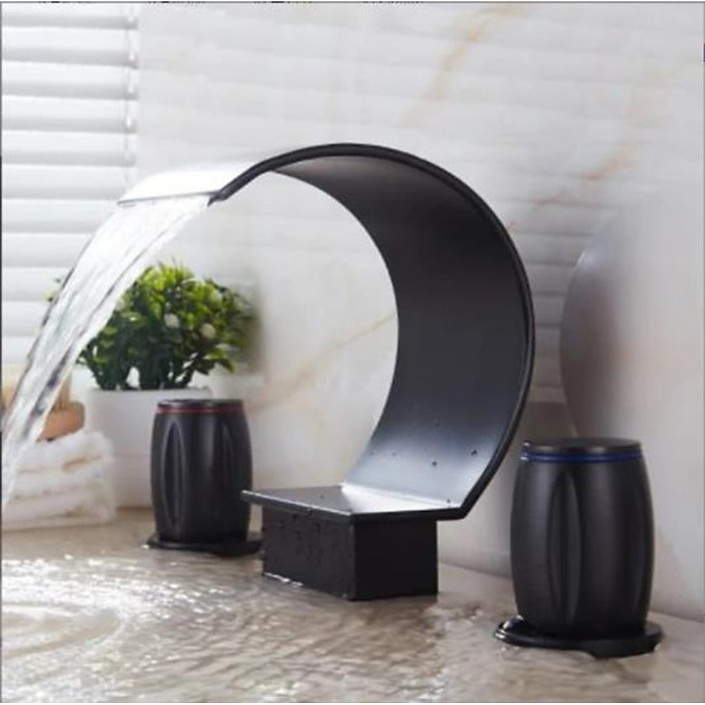 Waterfall Spout Bathroom Faucet, Modern Widespread Dual-Handle Faucet, Matte Black / Polished Gold