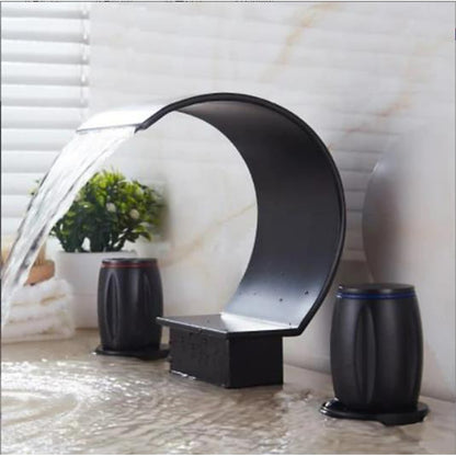 Waterfall Spout Bathroom Faucet, Modern Widespread Dual-Handle Faucet, Matte Black / Polished Gold