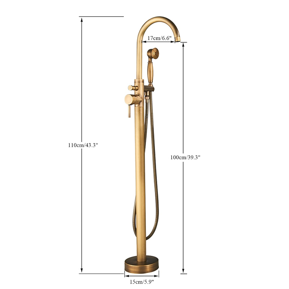 Floor-Mount Freestanding Tub Filler Faucet, Single-Handle High Arc Swivel Spout Faucet with Handheld Shower, Antique Brass / Matte Black
