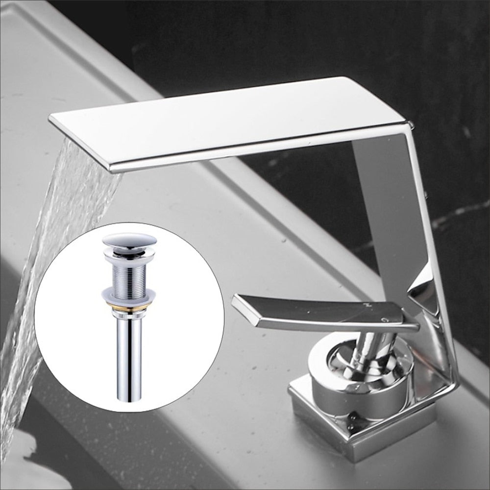 Waterfall Bathroom Faucet, Modern Single-Hole Single-Handle Faucet with Pop-Up Drain, Chrome / Matte Black / Gunmetal