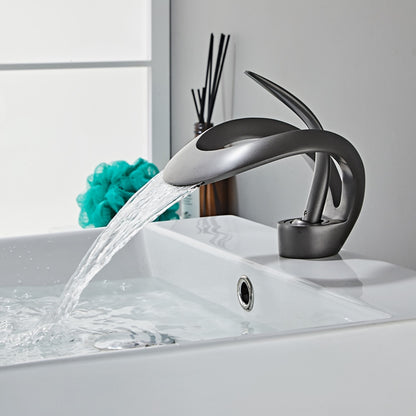 Waterfall Modern Bathroom Faucet, Single-Handle Single-Hole Brass Faucet, Matte Black / Chrome / Polished Gold / Gunmetal / Matte White