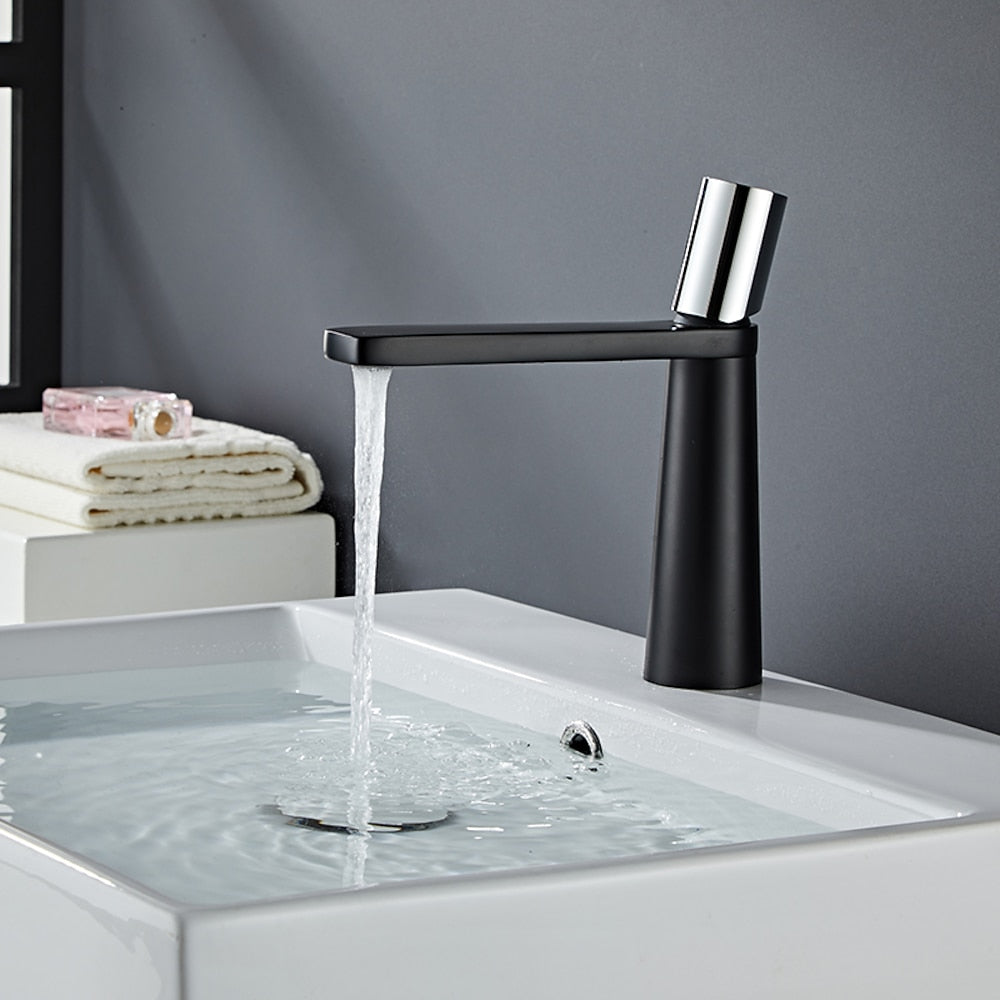 Modern Single-Hole Single-Handle Bathroom Faucet, Brass Flat Spout Basin Faucet, Matte Black / Brushed Gold / Matte White / Chrome / Gunmetal