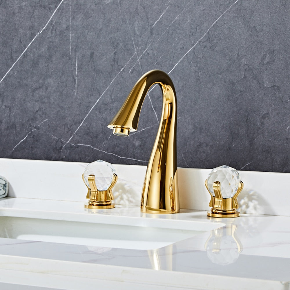 Crystal Knob Handle Widespread Bathroom Faucet, Modern Dual-Handle 3-Hole Faucet, Polished Gold / Chrome / Brushed Nickel