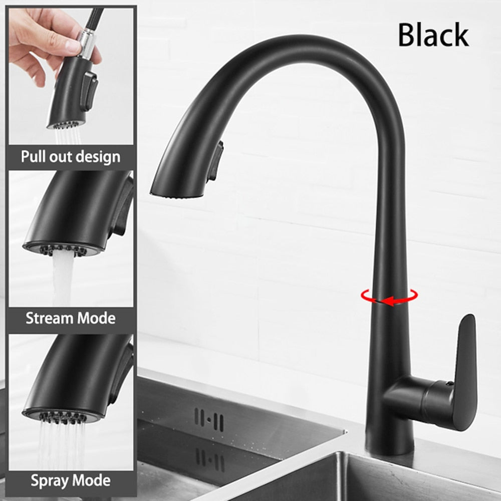 Pull-Down High-Arc Kitchen Faucet with Pop-Up Drain, Single-Handle Modern Faucet, Gunmetal / Matte Black / Chrome