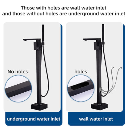 Modern Freestanding Floor-Mount Tub Filler Faucet, Single-Handle Brass Faucet with Handheld Shower, Matte Black / Chrome