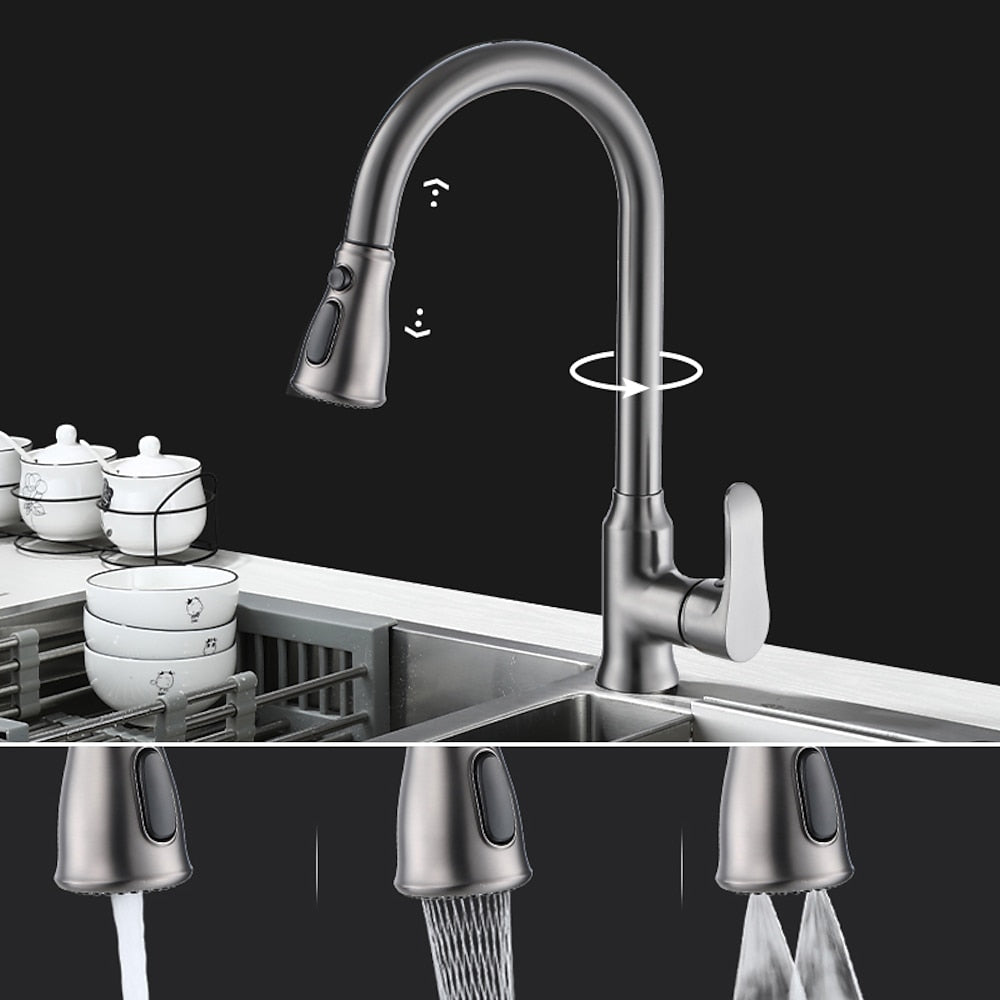 Modern Pull-Down Kitchen Faucet, Single-Handle High-Arc Brass Faucet, Chrome / Gunmetal / Matte Black