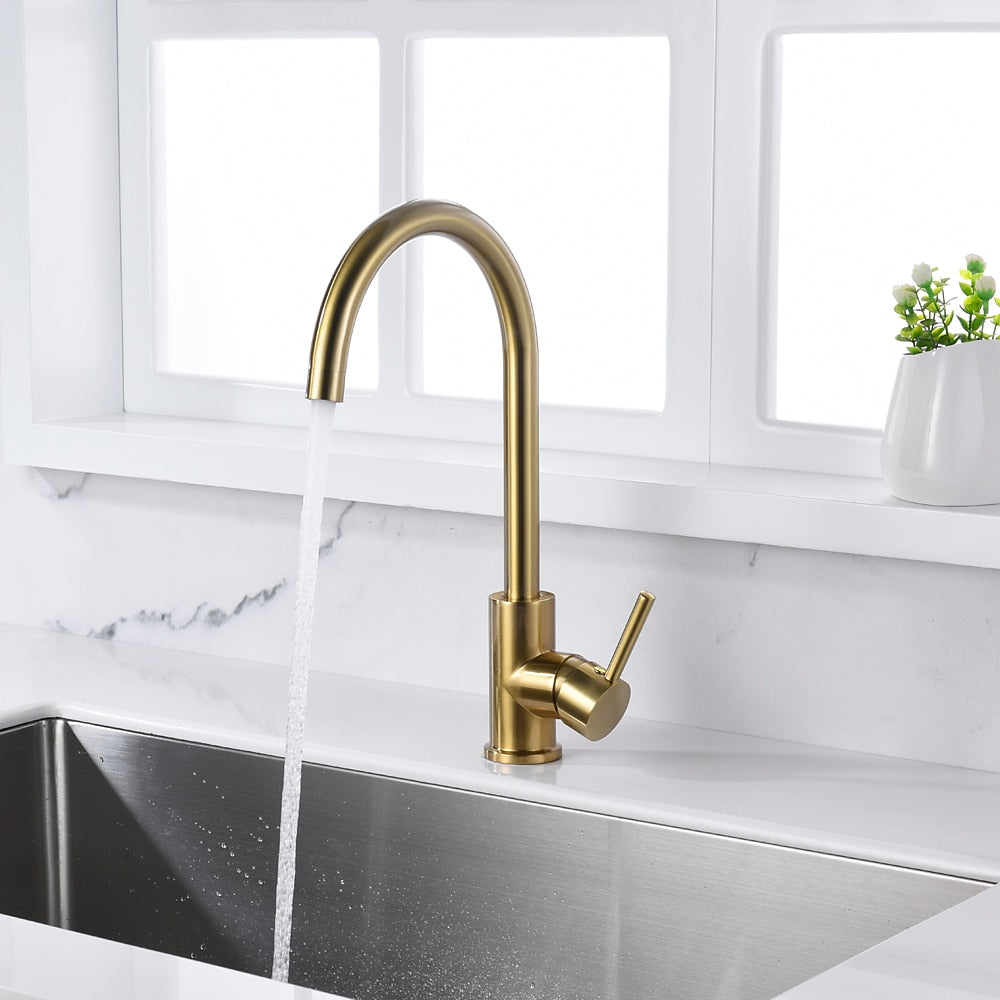 Brushed Gold 360-Degree Swivel Kitchen Faucet, Single-Handle High Arc Faucet