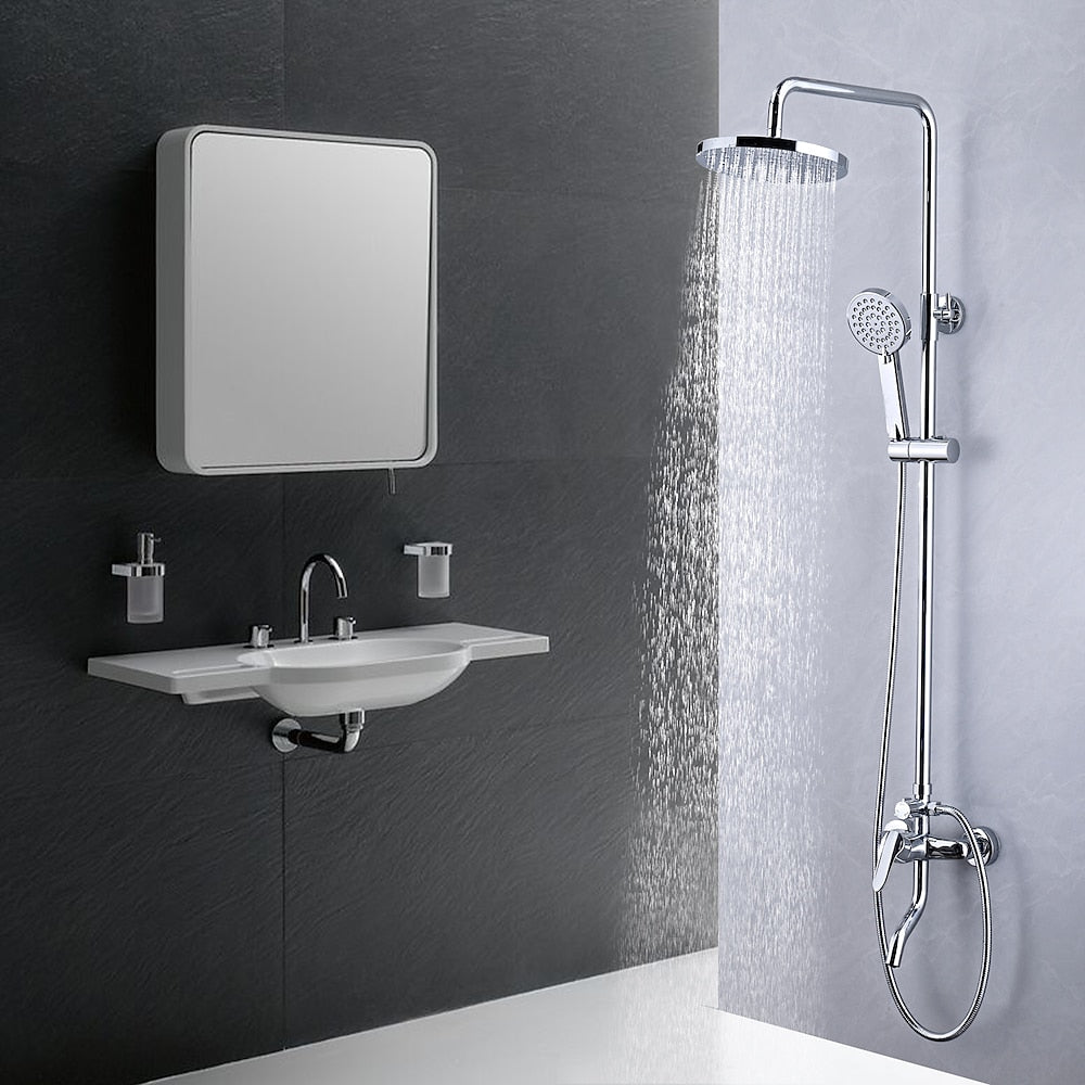 Chrome Modern Rainfall Tub Shower System, Single-Handle Wall-Mounted Shower System with Handheld Shower