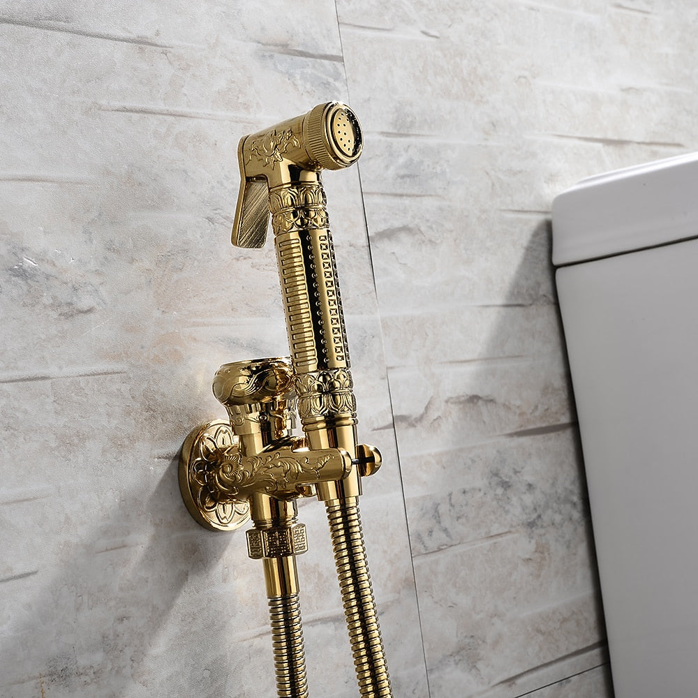 Polished Gold Antique Handheld Bidet Sprayer, Vintage Brass Toilet Shattaf Set with Hose / Wall Bracket