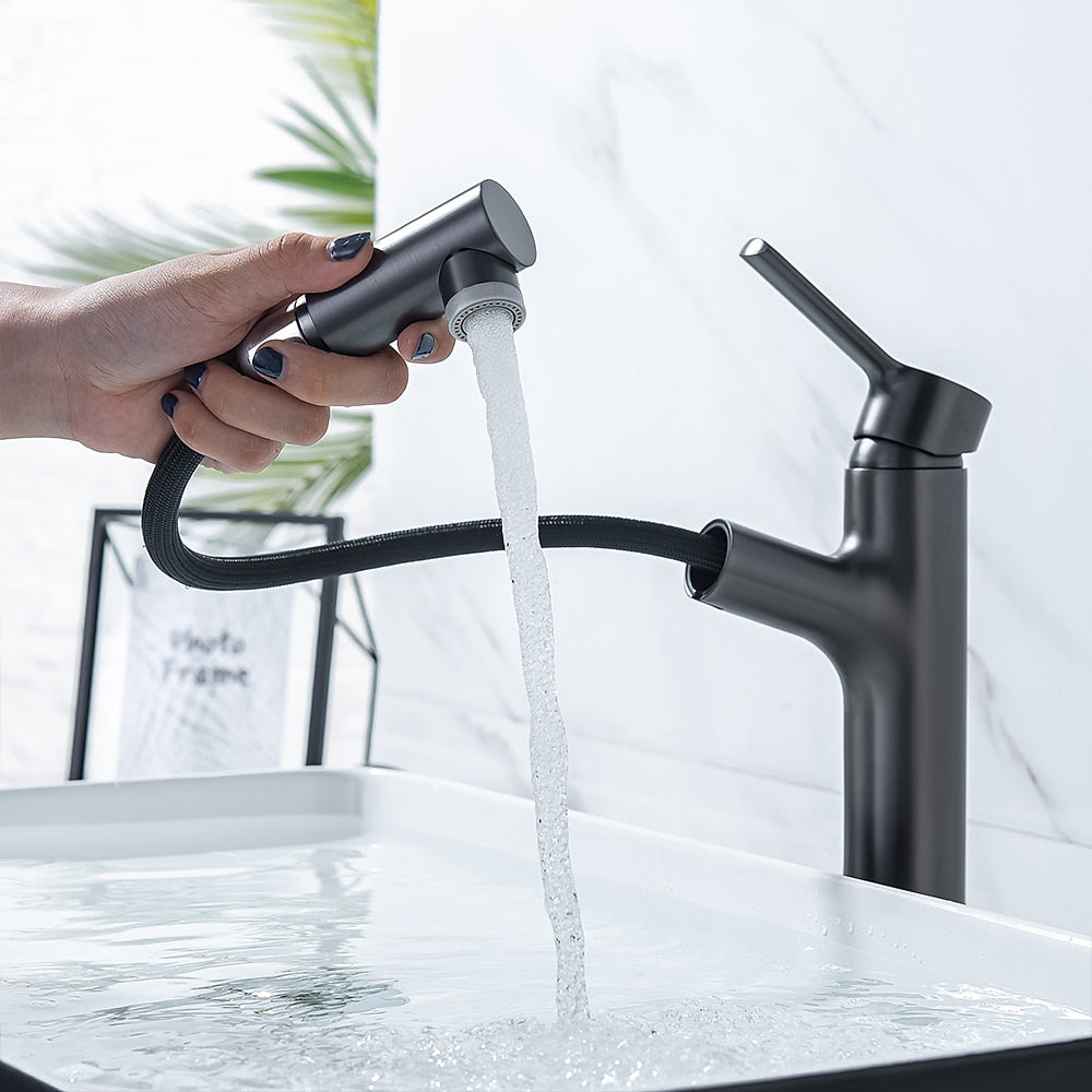 Pull-Out Single-Hole Bathroom Faucet, Modern Single-Handle Basin Faucet with 2-Mode Sprayer, Matte Black / Brushed Gold / Gunmetal