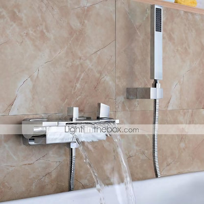Waterfall Wall-Mount Tub Filler, Modern Brass Dual-Handle Bathtub Faucet with Handheld Shower, Chrome / Matte Black