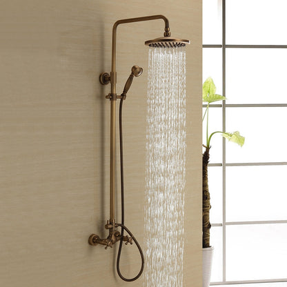 Antique Brass Vintage Exposed Shower Faucet, Wall-Mount Complete Shower System with Handheld Shower / 8-Inch Rain Shower Head