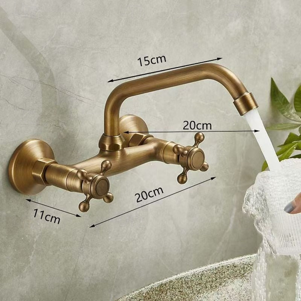 Antique Brass Traditional Wall-Mount Bathroom Faucet, Double Cross-Handle Swivel Spout Sink Faucet