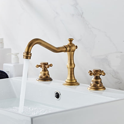 Traditional Antique Brass Widespread Bathroom Faucet, Dual Cross Handle Sink Faucet