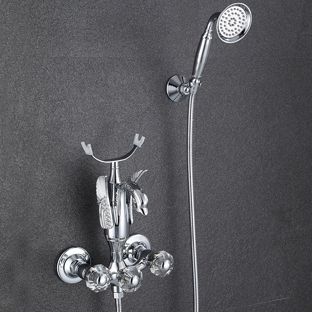 Swan Spout Wall-Mount Bathtub Faucet, Dual-Handle Tub Filler with Handheld Shower, Antique Brass / Matte Black / Chrome / Polished Gold