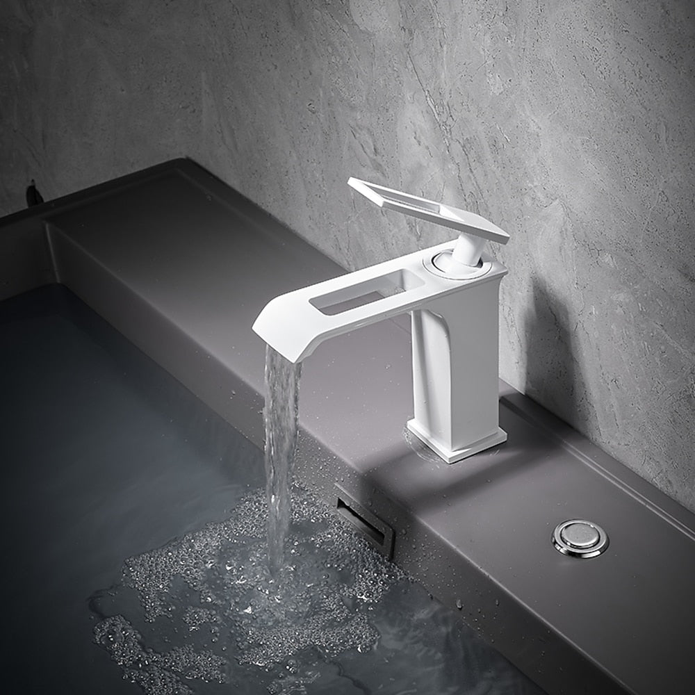 Modern Waterfall Bathroom Faucet, Single-Handle Brass Faucet, Brushed Gold / Chrome / Gunmetal / Matte Black / Matte White