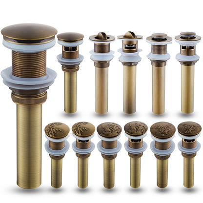 Antique Brass Engraved Bathroom Sink Pop-Up Drain, Solid Brass Vanity Basin Drain Assembly, With / Without Overflow