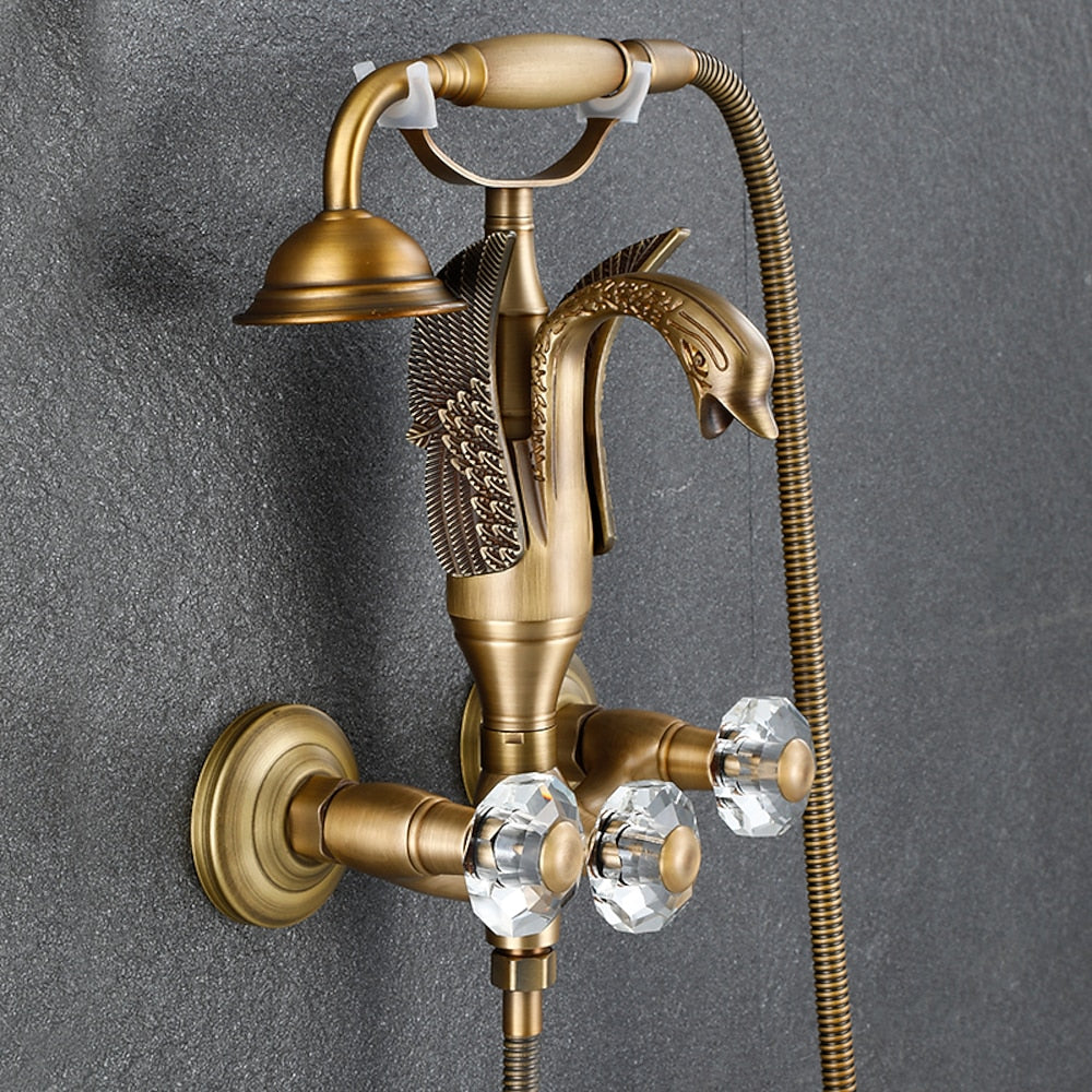 Swan Spout Wall-Mount Bathtub Faucet, Dual-Handle Tub Filler with Handheld Shower, Antique Brass / Matte Black / Chrome / Polished Gold