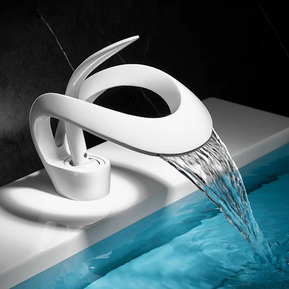 Modern Waterfall Bathroom Faucet, Single-Handle Single-Hole Sink Faucet, Matte Black / Chrome / Brushed Gold / Matte White / Gunmetal