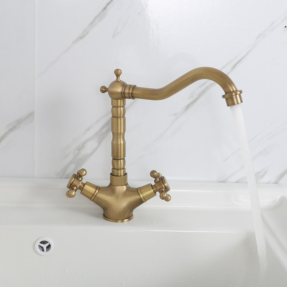Traditional Antique Brass Single-Hole Bathroom Faucet, Double Cross-Handle High Arc Faucet