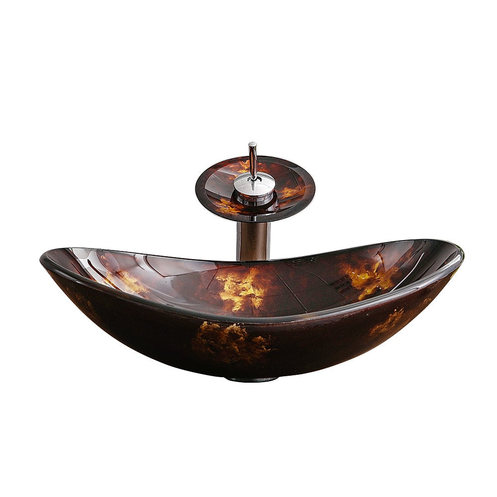 Waterfall Faucet, Brown Oval Glass Vessel Sink with Pop-Up Drain