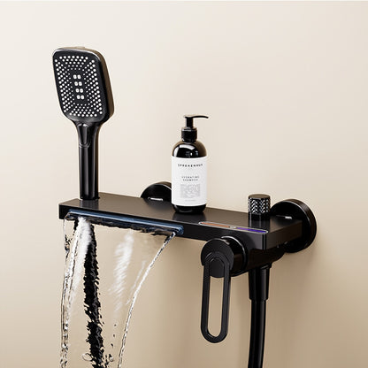Modern Waterfall Wall-Mount Bathtub Faucet, Single-Handle Brass Tub Faucet with Handheld Shower, Brushed Gold / Chrome / Gunmetal / Matte Black / Matte White / Polished Gold