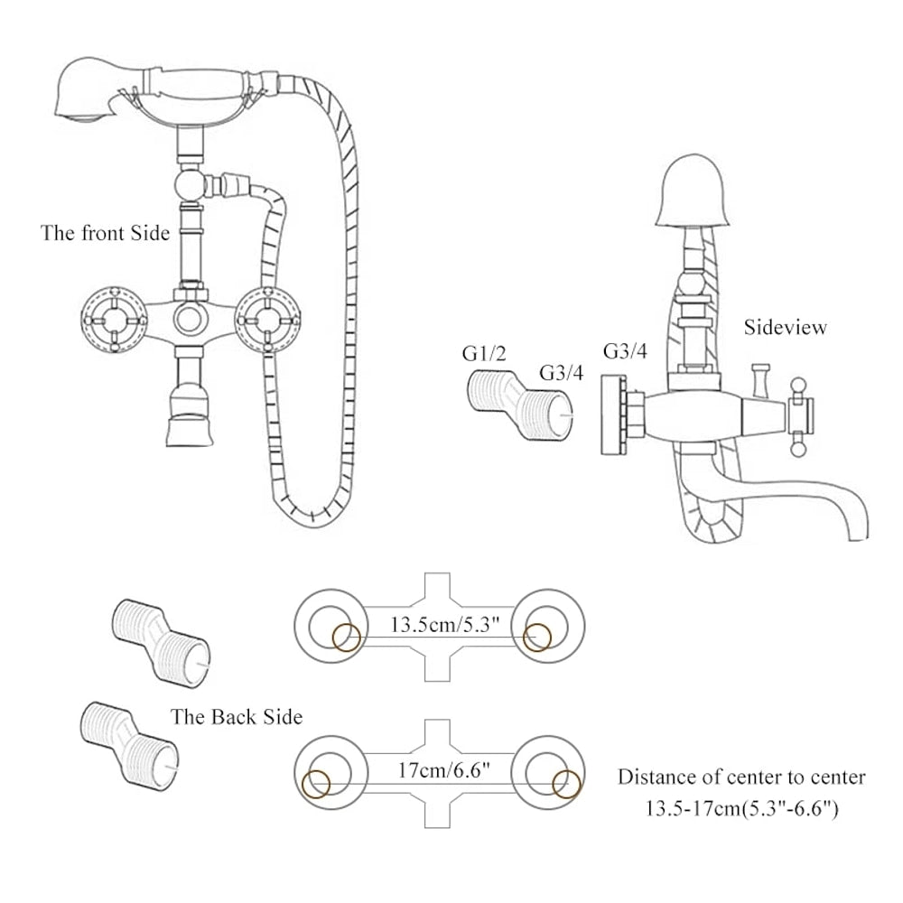 Vintage Oil-Rubbed Bronze Wall-Mount Tub Filler Faucet, Double-Handle Brass Bath Faucet with Handheld Shower