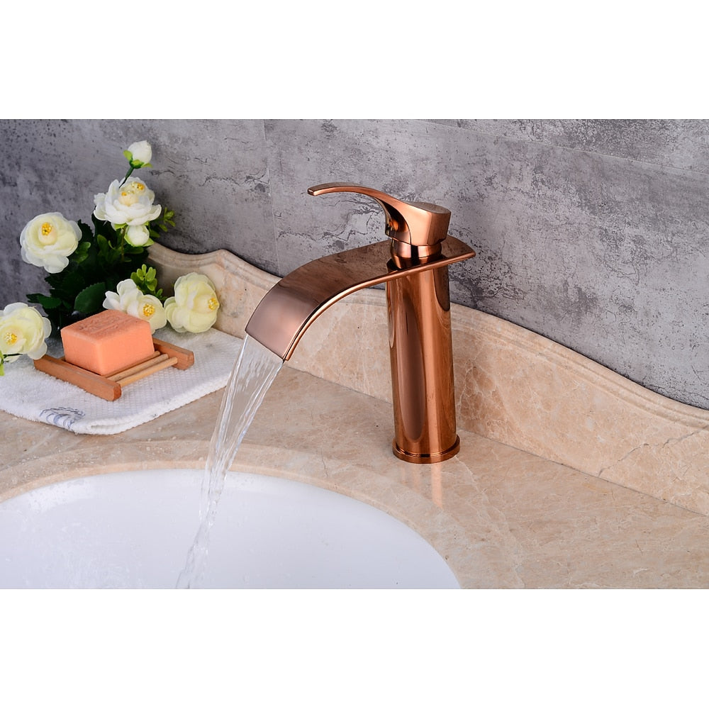 Rose Gold Modern Single-Hole Bathroom Faucet, Single-Handle Waterfall Spout Faucet with Pop-Up Drain