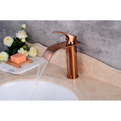Rose Gold Modern Single-Hole Bathroom Faucet, Single-Handle Waterfall Spout Faucet with Pop-Up Drain