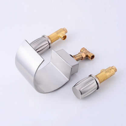Brushed Nickel Widespread Bathroom Faucet, Contemporary 3-Hole Faucet, Double-Handle Waterfall Spout Faucet
