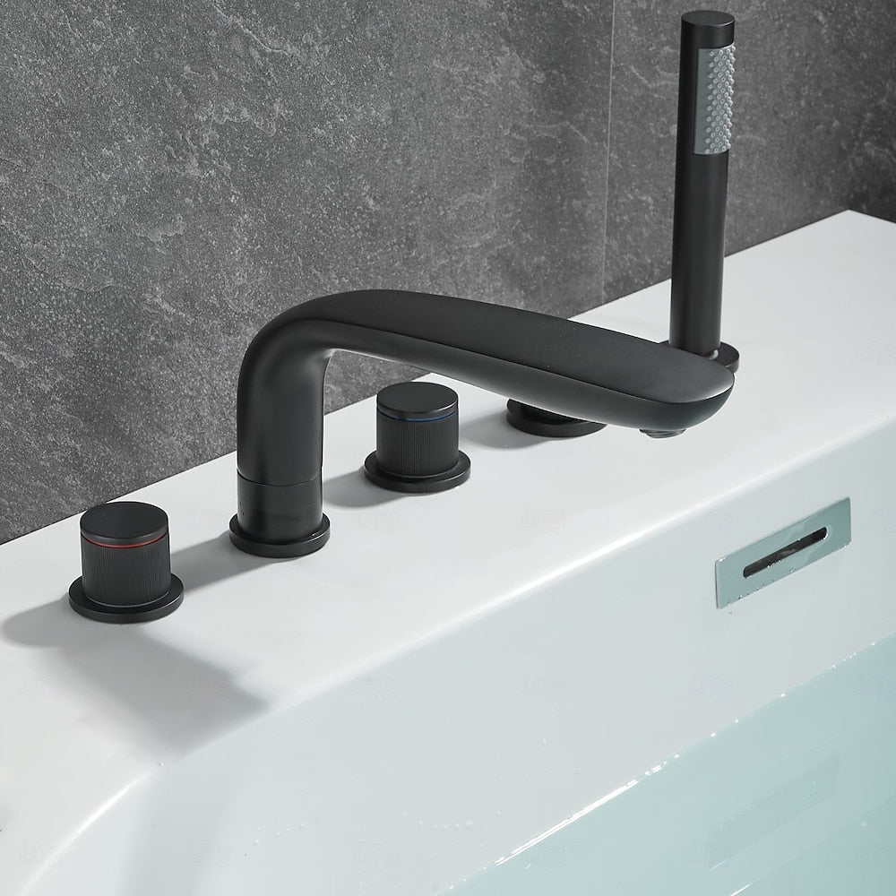 Matte Black Modern Roman Tub Faucet, Deck-Mount Double-Handle Tub Faucet with Handheld Shower