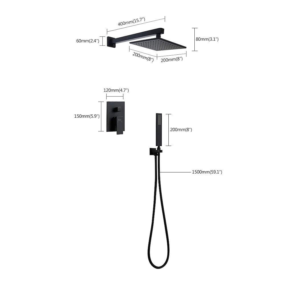 Modern Matte Black Wall-Mounted Shower System, 8-Inch Rain Shower Faucet Set with Handheld Spray