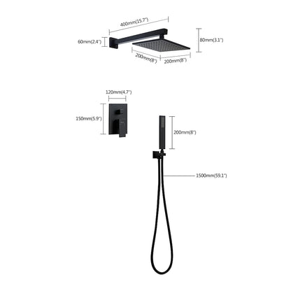 Modern Matte Black Wall-Mounted Shower System, 8-Inch Rain Shower Faucet Set with Handheld Spray