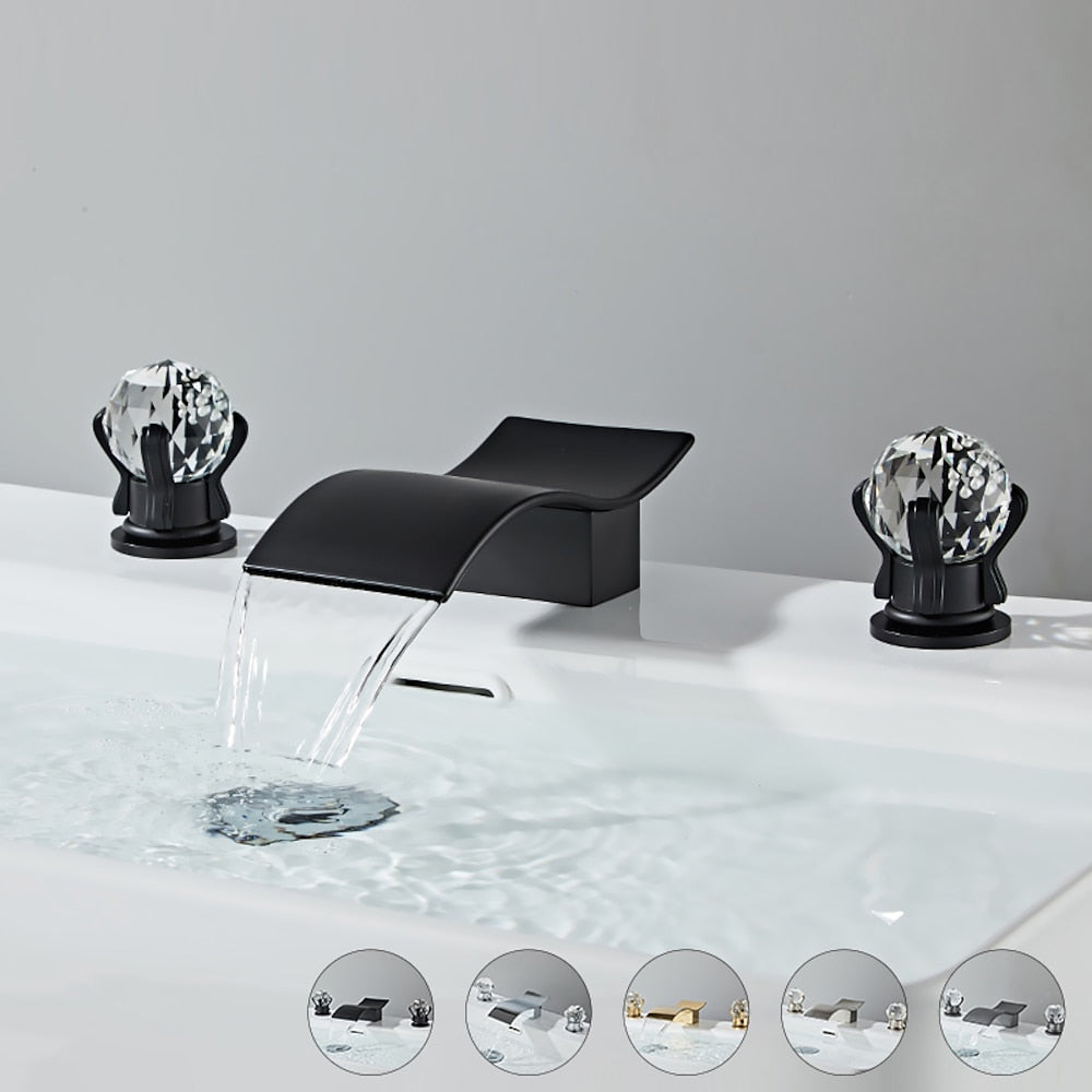 Waterfall Widespread Bathroom Sink Faucet, Double Crystal Knob Handle Deck Mounted Faucet, Matte Black / Chrome / Brushed Gold / Brushed Nickel / Gunmetal / PVD