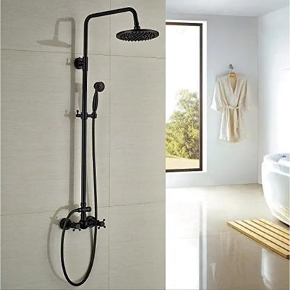 Oil-Rubbed Bronze Antique Rainfall Shower System, Wall-Mounted Brass Dual-Handle Shower Faucet with Handheld Shower