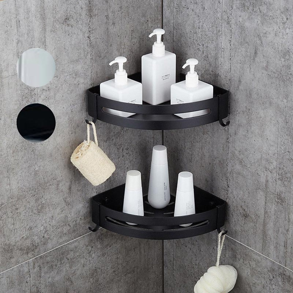Modern Space Aluminum Wall-Mount Corner Shower Shelf, Triangle Single-Layer Shower Caddy with Hooks, Matte Black / Stainless Steel