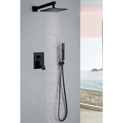 Modern Matte Black Wall-Mounted Shower System, 8-Inch Rain Shower Faucet Set with Handheld Spray