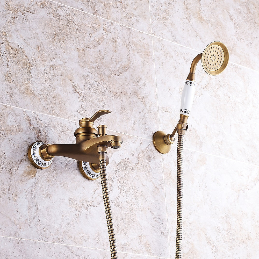 Vintage Wall-Mount Tub Faucet, Single-Handle Brass Bath Tub Faucet with Handheld Shower, Antique Brass / Matte Black / Brushed Brass / Copper