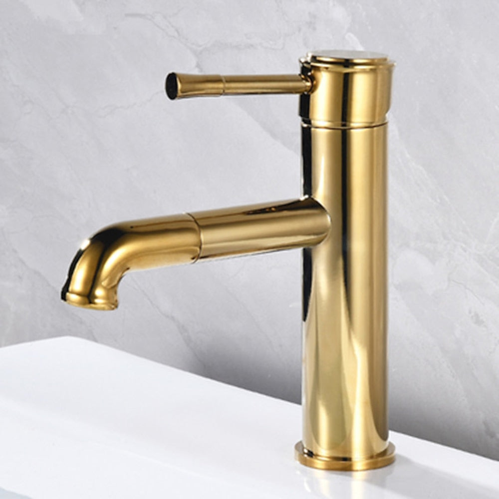 Pull-Out Vintage Brass Bathroom Sink Faucet, Single-Hole Swivel Spout Faucet, Antique Brass / Chrome / Oil-Rubbed Bronze / Brushed Gold
