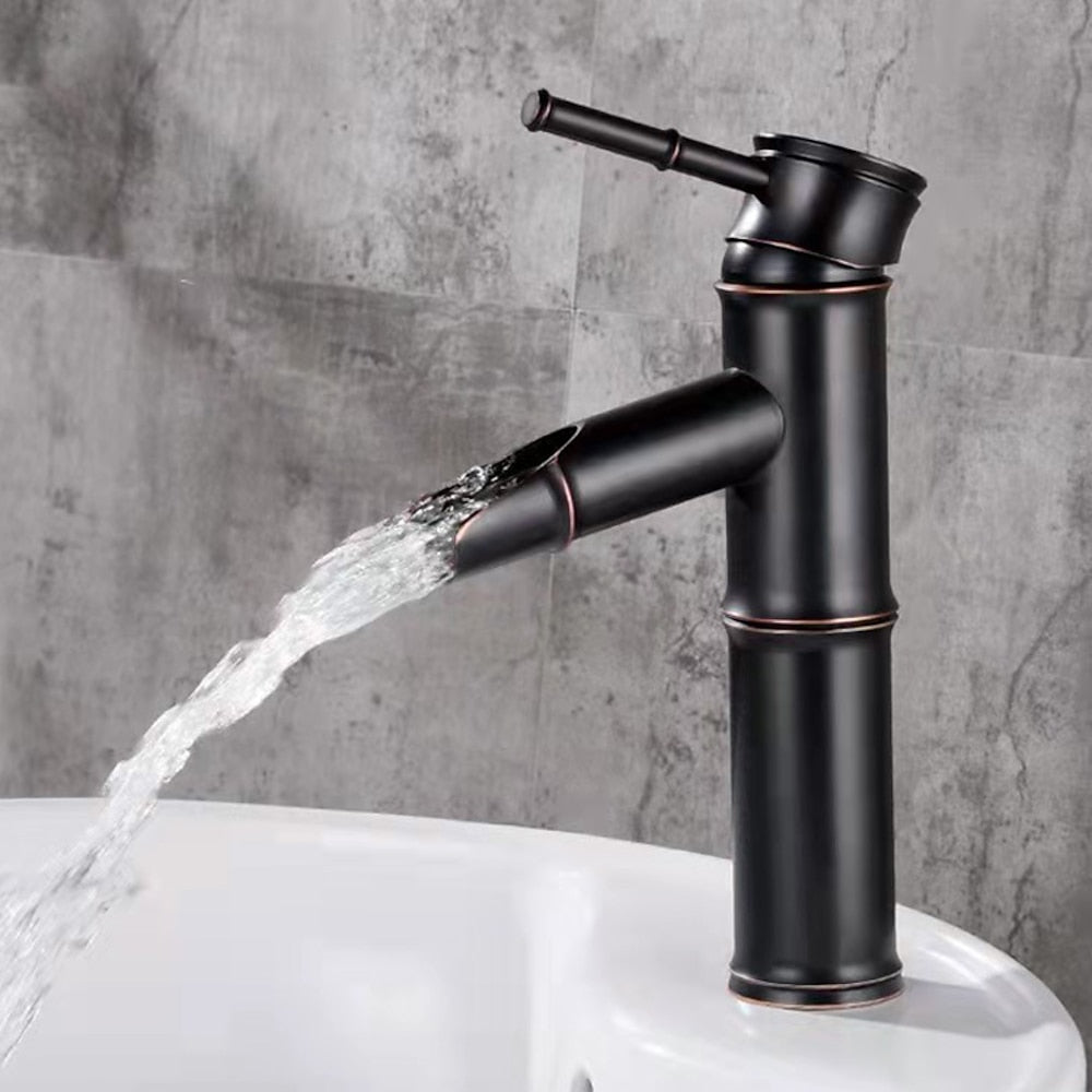 Bamboo Shape Waterfall Bathroom Faucet, Single-Handle Vessel Sink Faucet, Antique Brass / Matte Black / Brushed Nickel