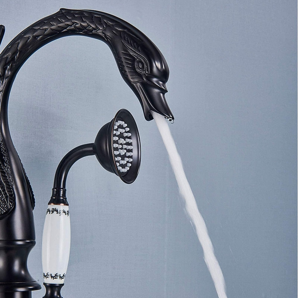 Swan Design Freestanding Tub Filler Faucet, Single-Handle Swivel Spout Tub Faucet with Handheld Shower, Polished Gold / Matte Black